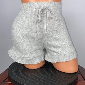 Shein S Gray Ribbed Elastic Tie Waist Pull On Ruffle Hem Casual Shorts